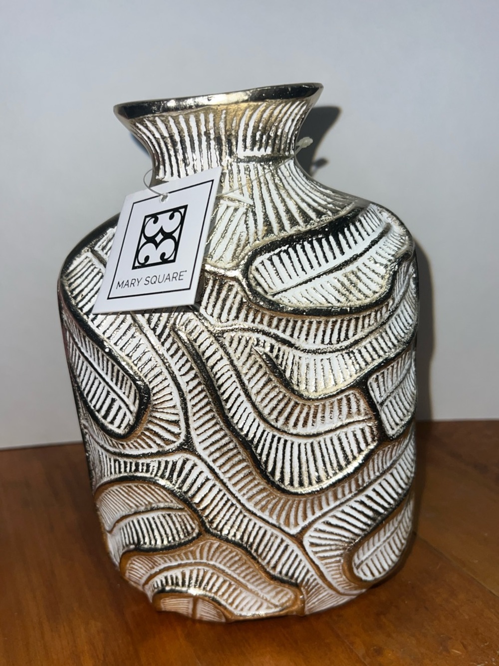 Mary Square White and Gold Textured Decorative Vase